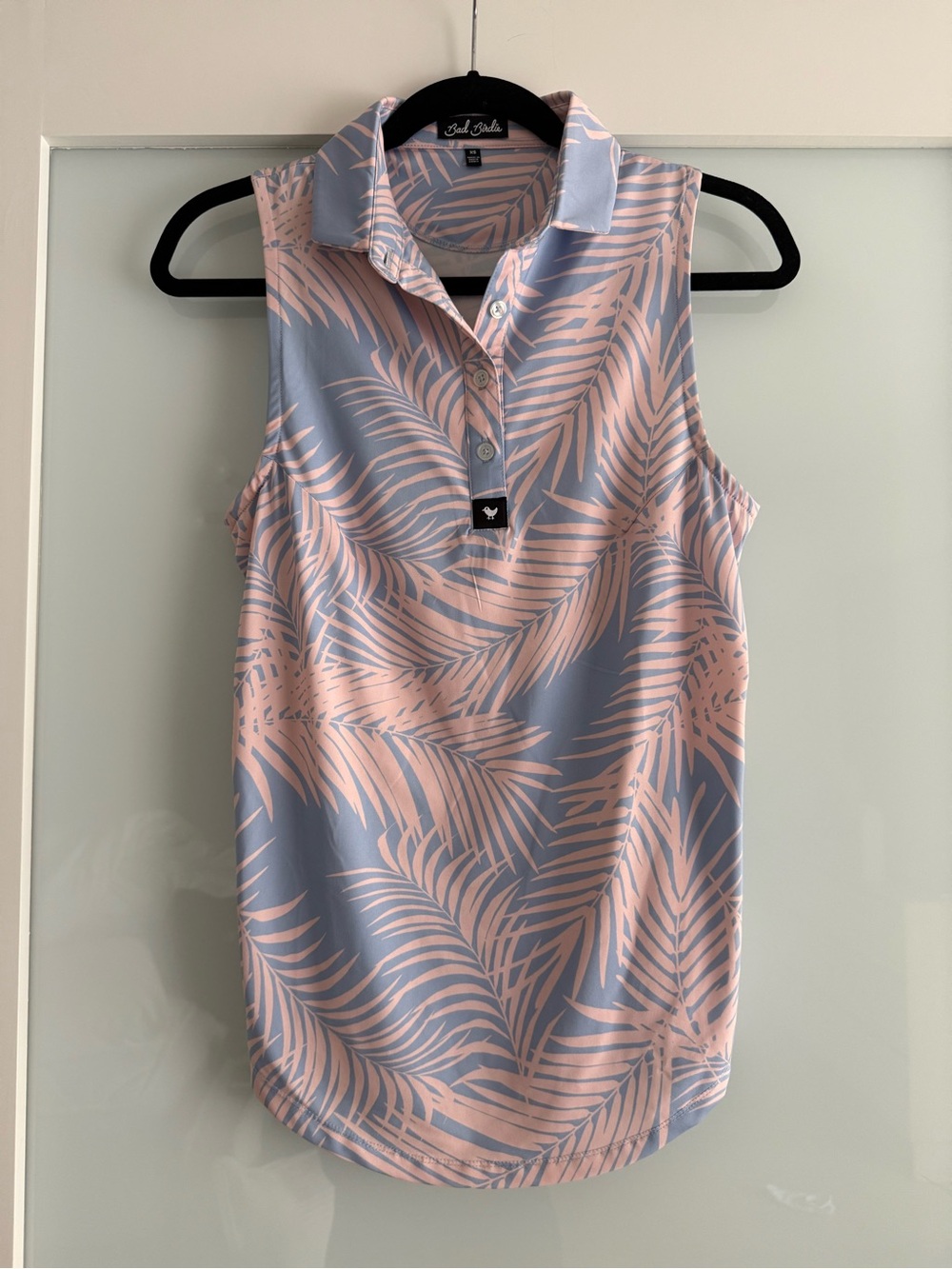 Bad Birdie, Sleeveless Collared Tank - Pink & Light Blue Palm Print